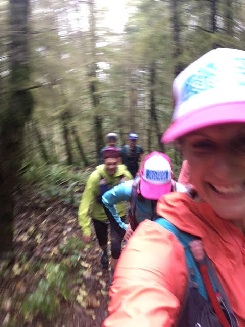 Krissy on a wet and windy run with her Trail Sisters in the PNW.